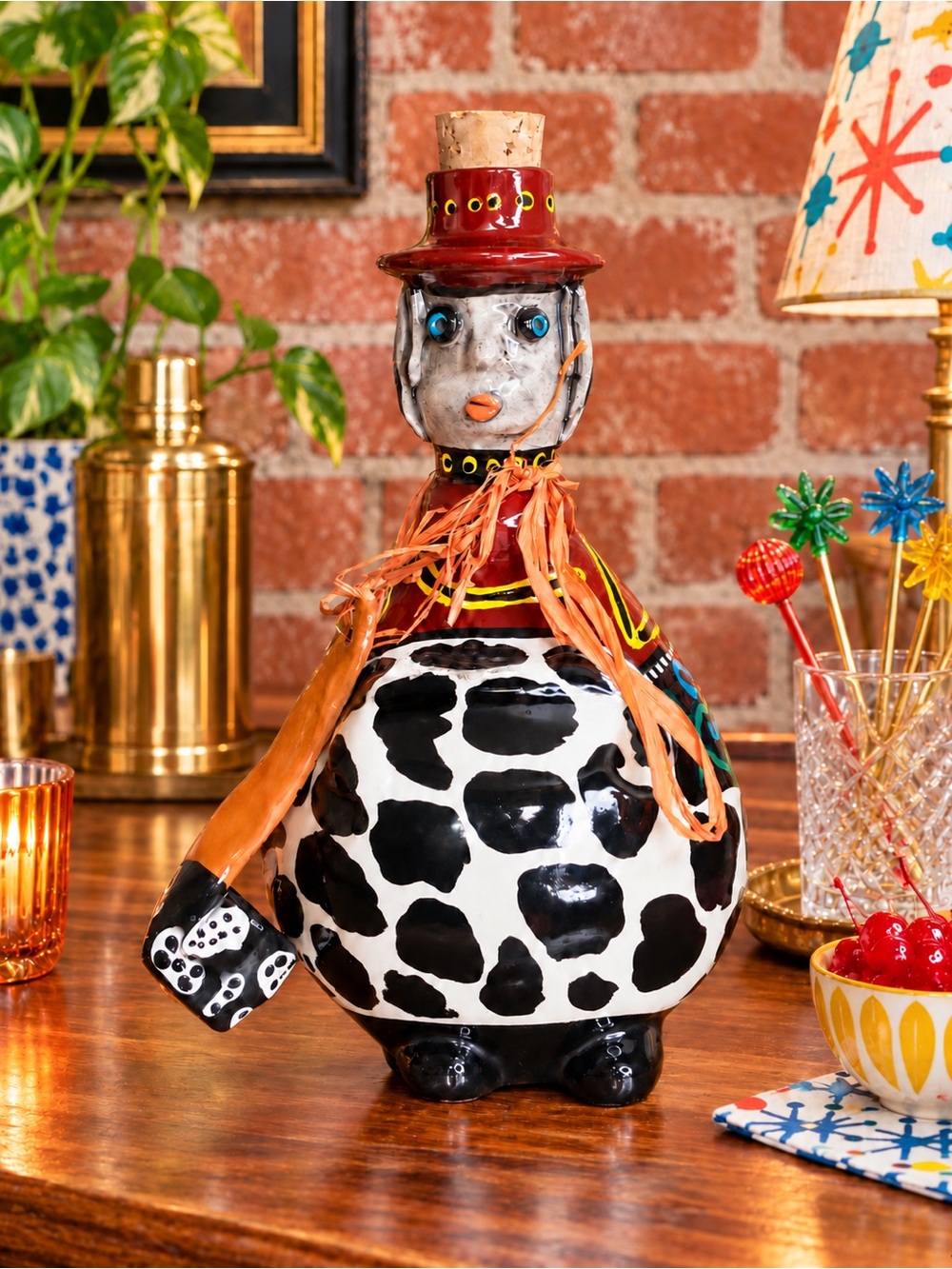 Tim Jaeger Whimsical Cow Pattern Fine Art Folk Faces Decanter